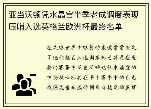 亚当沃顿凭水晶宫半季老成调度表现压哨入选英格兰欧洲杯最终名单