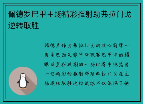 佩德罗巴甲主场精彩推射助弗拉门戈逆转取胜